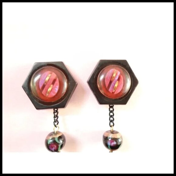 Black Burgundy Long Dangle Earrings Made With Vintage OOAK One of a Kind - Picture 3 of 9